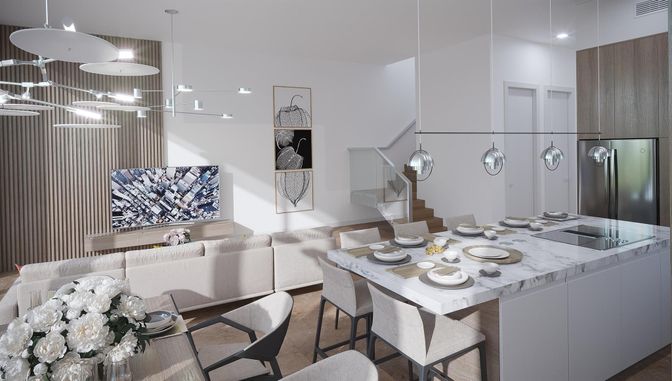 Dining room, Interior, Kitchen, Living room, Pendant Lights, Recessed Lighting