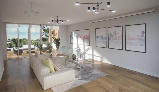 Interior, Living room, Pendant Lights, Wood Texture Flooring
