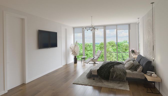Bedroom, Interior, Pendant Lights, Wood Texture Flooring