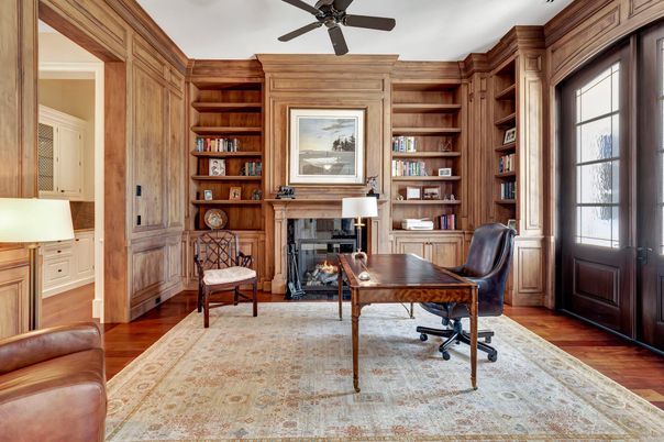 Fireplace, Home Office, Interior, Wood Texture Flooring, Wooden Walls