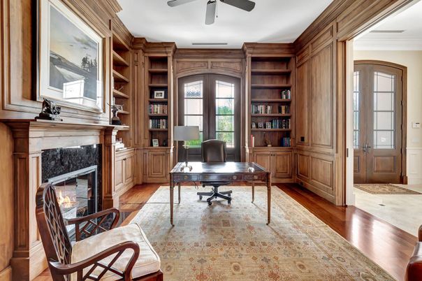 Fireplace, Home Office, Interior, Wood Texture Flooring, Wooden Walls