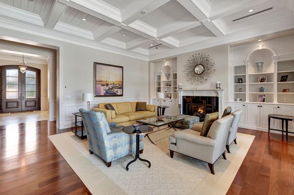 Fireplace, Interior, Living room, Pendant Lights, Recessed Lighting, Wood Texture Flooring