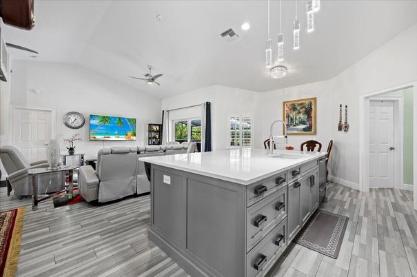 Interior, Kitchen, Living room, Pendant Lights, Recessed Lighting, Wood Texture Flooring