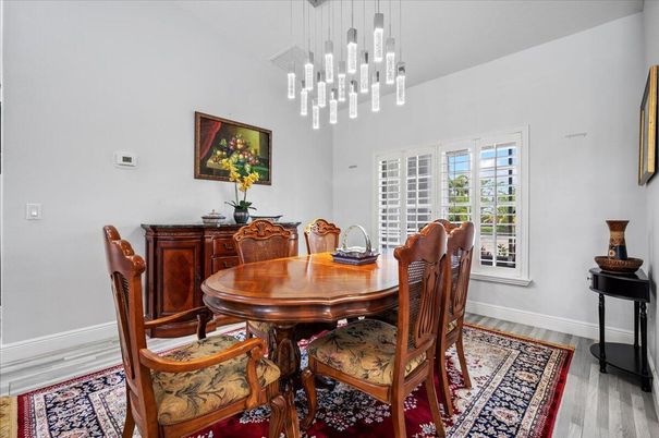 Dining room, Interior, Pendant Lights, Wood Texture Flooring