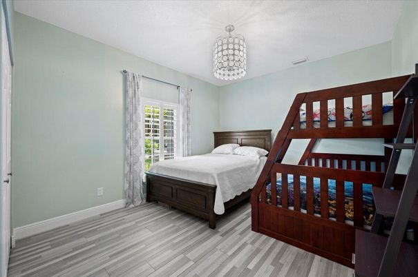 Bedroom, Interior, Pendant Lights, Wood Texture Flooring