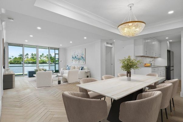 Dining room, Interior, Kitchen, Living room, Pendant Lights, Recessed Lighting, Water, Wood Texture Flooring
