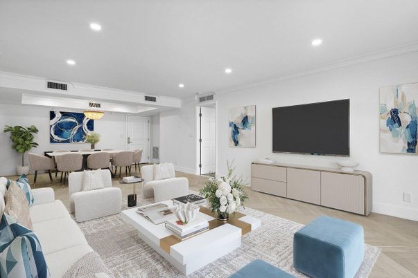 Dining room, Interior, Living room, Recessed Lighting, Wood Texture Flooring