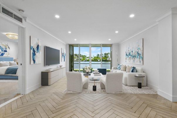 Bedroom, Dining room, Interior, Living room, Recessed Lighting, Water, Wood Texture Flooring