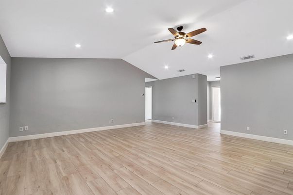 Empty room, Interior, Recessed Lighting, Wood Texture Flooring