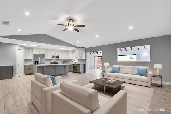 Interior, Kitchen, Living room, Recessed Lighting, Stainless Steel Appliances, Wood Texture Flooring