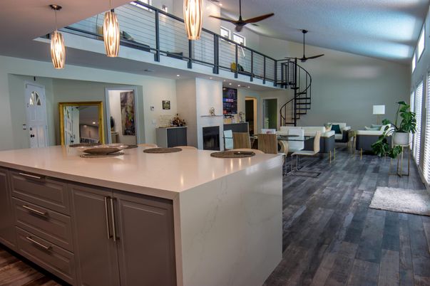 Dining room, Fireplace, Interior, Kitchen, Pendant Lights, Recessed Lighting, Wood Texture Flooring