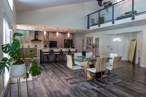 Dining room, Interior, Kitchen, Pendant Lights, Recessed Lighting, Wood Texture Flooring