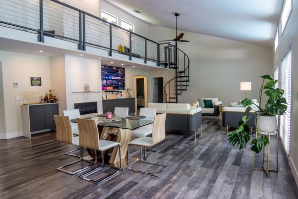 Dining room, Fireplace, Interior, Living room, Pendant Lights, Recessed Lighting, Wood Texture Flooring