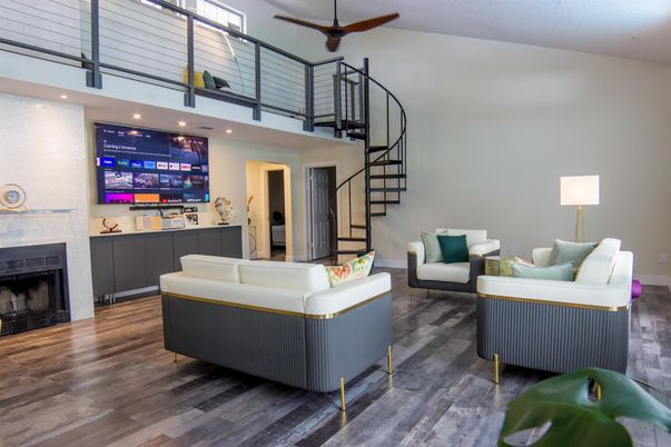Fireplace, Interior, Living room, Recessed Lighting, Wood Texture Flooring