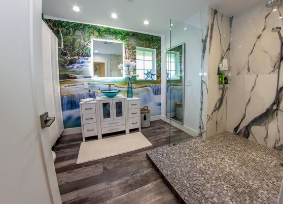 Bathroom, Glass Shower, Interior, Marble Walls, Recessed Lighting, Wood Texture Flooring