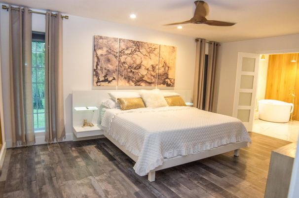 Bedroom, Interior, Recessed Lighting, Wood Texture Flooring