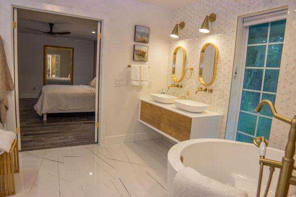 Bathroom, Bedroom, Dual Sink Vanities, Free Standing Baths, Interior, Marble, Recessed Lighting, Wood Texture Flooring