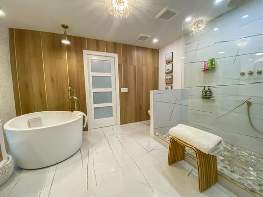 Bathroom, Chandelier, Free Standing Baths, Interior, Marble, Recessed Lighting, Wooden Walls