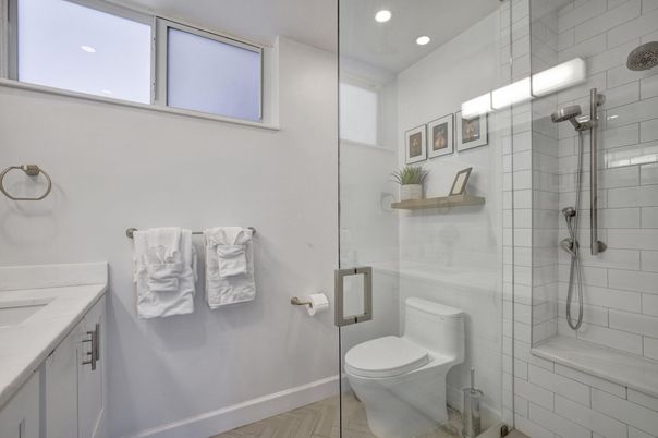 Bathroom, Glass Shower, Interior, Recessed Lighting, Wood Texture Flooring