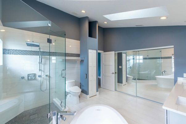Bathroom, Free Standing Baths, Glass Shower, Interior, Recessed Lighting