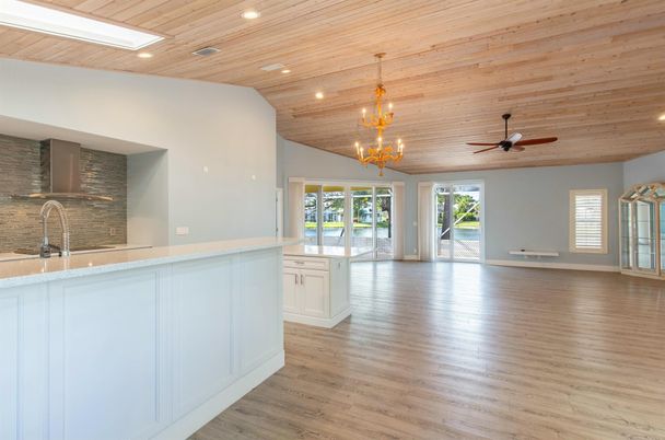 Chandelier, Empty room, Interior, Kitchen, Recessed Lighting, Wooden Ceilings, Wood Texture Flooring