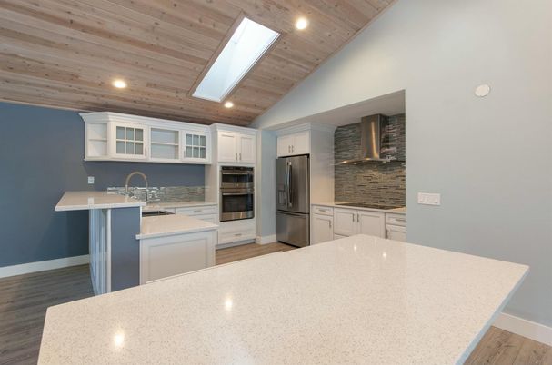 Interior, Kitchen, Recessed Lighting, Stainless Steel Appliances, Wooden Ceilings, Wood Texture Flooring