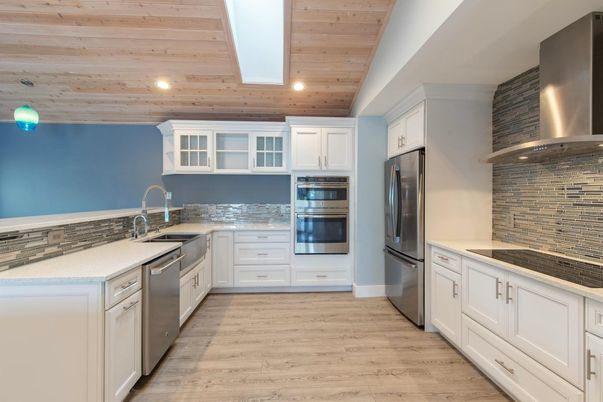 Interior, Kitchen, Recessed Lighting, Stainless Steel Appliances, Wooden Ceilings, Wood Texture Flooring
