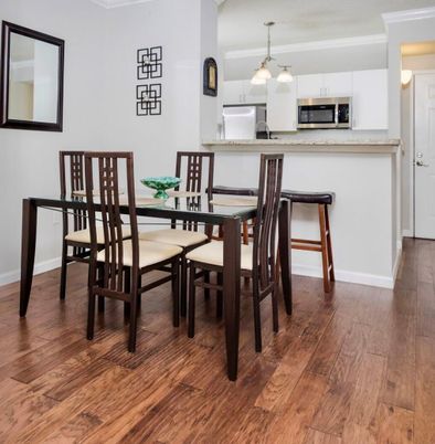 Dining room, Interior, Kitchen, Pendant Lights, Stainless Steel Appliances, Wood Texture Flooring