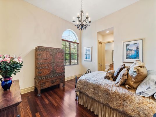 Bedroom, Chandelier, Interior, Recessed Lighting, Wood Texture Flooring