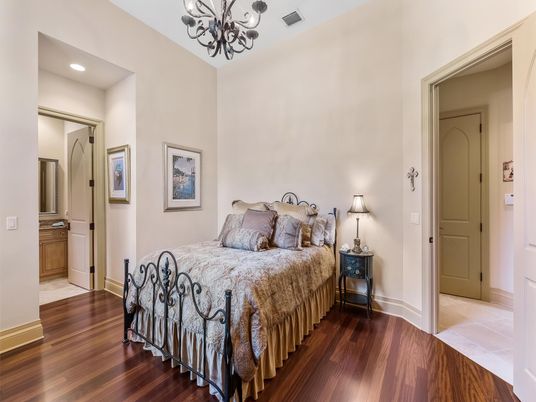 Bedroom, Chandelier, Interior, Recessed Lighting, Wood Texture Flooring