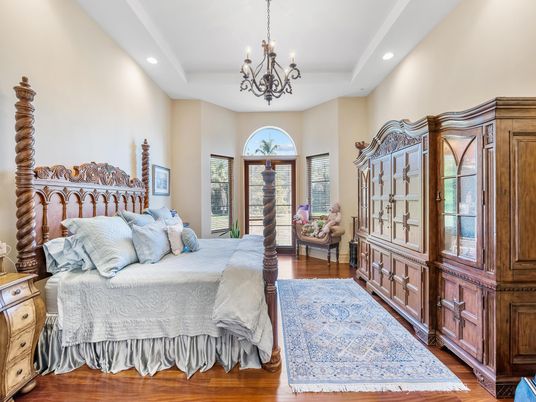 Bedroom, Chandelier, Interior, Recessed Lighting, Wood Texture Flooring