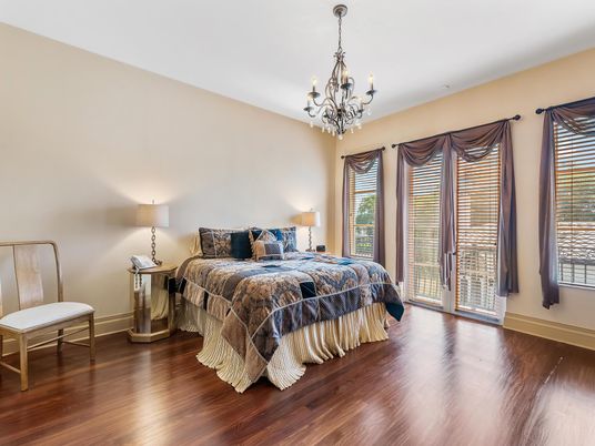 Bedroom, Chandelier, Interior, Wood Texture Flooring