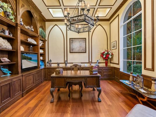 Chandelier, Home Office, Interior, Wood Texture Flooring