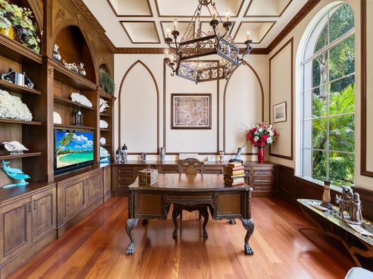Chandelier, Home Office, Interior, Wood Texture Flooring