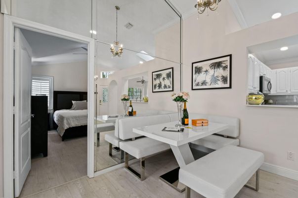 Bedroom, Dining room, Interior, Pendant Lights, Recessed Lighting, Wood Texture Flooring