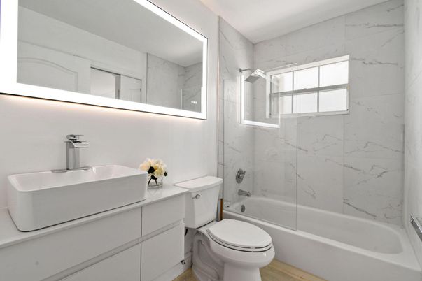 Bathroom, Glass Shower, Interior, Marble Walls, Wood Texture Flooring