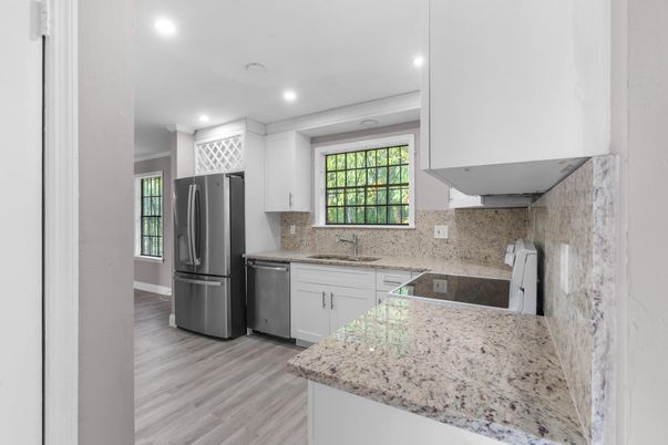 Interior, Kitchen, Recessed Lighting, Stainless Steel Appliances, Wood Texture Flooring