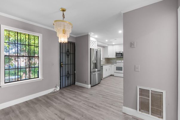 Chandelier, Interior, Kitchen, Recessed Lighting, Stainless Steel Appliances, Wood Texture Flooring