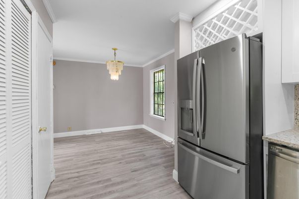 Chandelier, Interior, Kitchen, Stainless Steel Appliances, Wood Texture Flooring