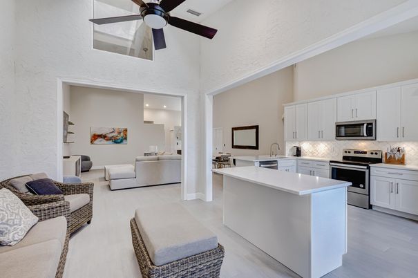 Interior, Kitchen, Living room, Recessed Lighting, Stainless Steel Appliances, Wood Texture Flooring