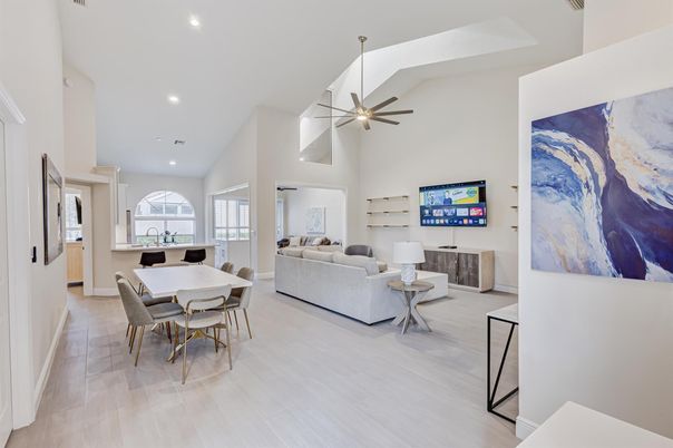 Dining room, Interior, Living room, Recessed Lighting, Wood Texture Flooring