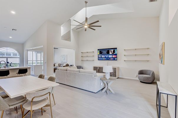 Dining room, Interior, Living room, Pendant Lights, Recessed Lighting, Wood Texture Flooring