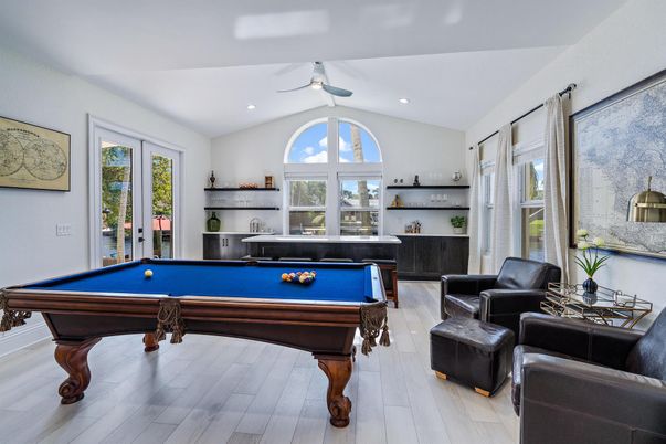 Billiard Table, Game Room, Interior, Recessed Lighting, Wood Texture Flooring