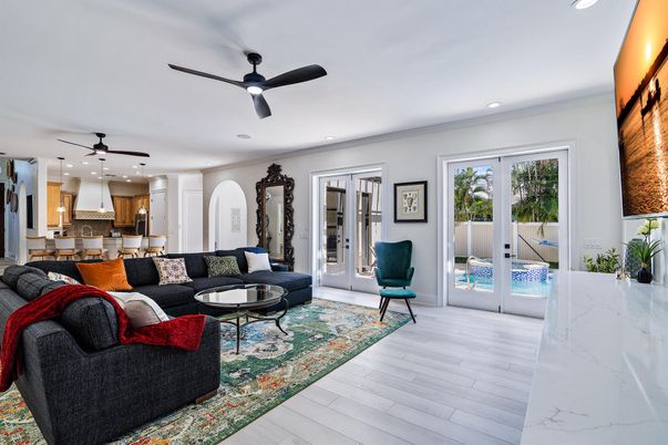 Interior, Kitchen, Living room, Pendant Lights, Recessed Lighting, Wood Texture Flooring