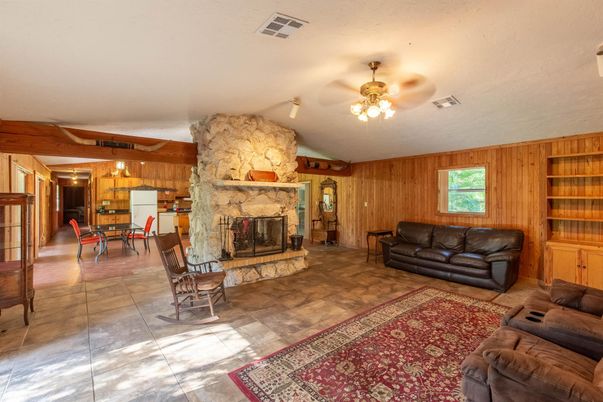 Dining room, Fireplace, Interior, Living room, Stone Walls, Wooden Walls