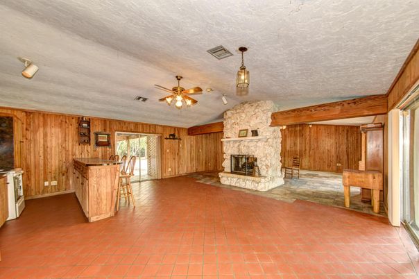 Empty room, Fireplace, Interior, Pendant Lights, Wooden Walls