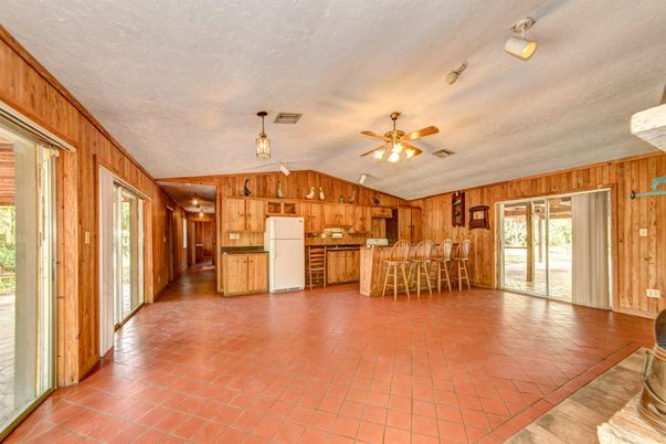 Empty room, Interior, Kitchen, Pendant Lights, Wooden Walls