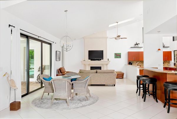 Chandelier, Dining room, Fireplace, Interior, Kitchen, Living room, Pendant Lights
