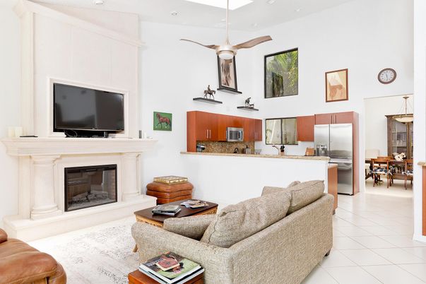 Dining room, Fireplace, Interior, Kitchen, Living room, Recessed Lighting, Stainless Steel Appliances