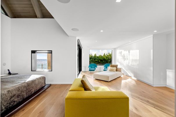 Bedroom, Interior, Recessed Lighting, Wooden Ceilings, Wood Texture Flooring